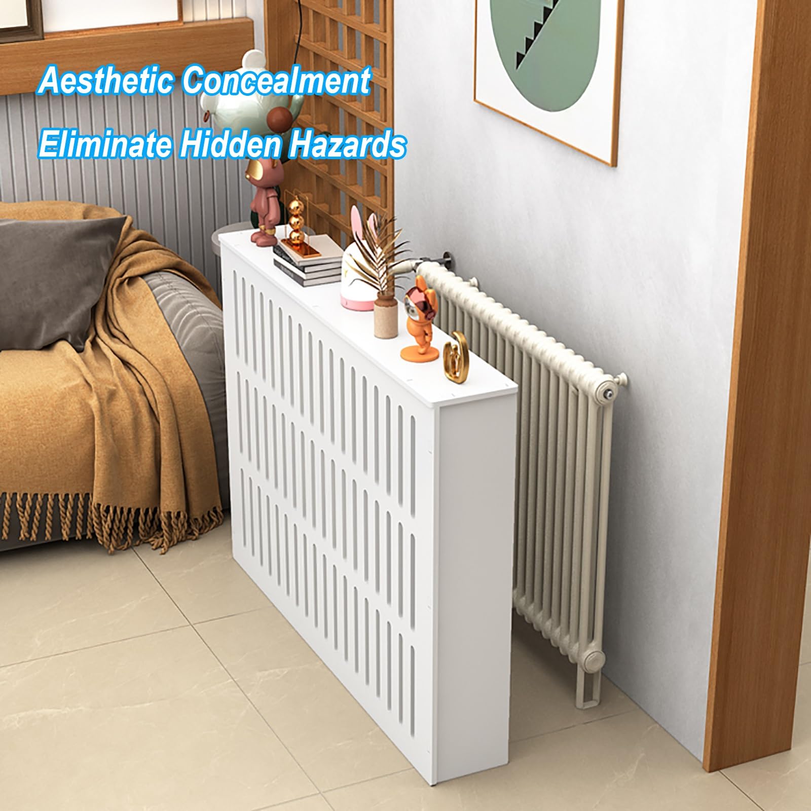 Modern Radiator Covers Shelf for Home, Vertical Louvered Grill Shelf, White Heater Covers for Standing Radiator, Easy to Install(100x90x25cm/39x35x10in)