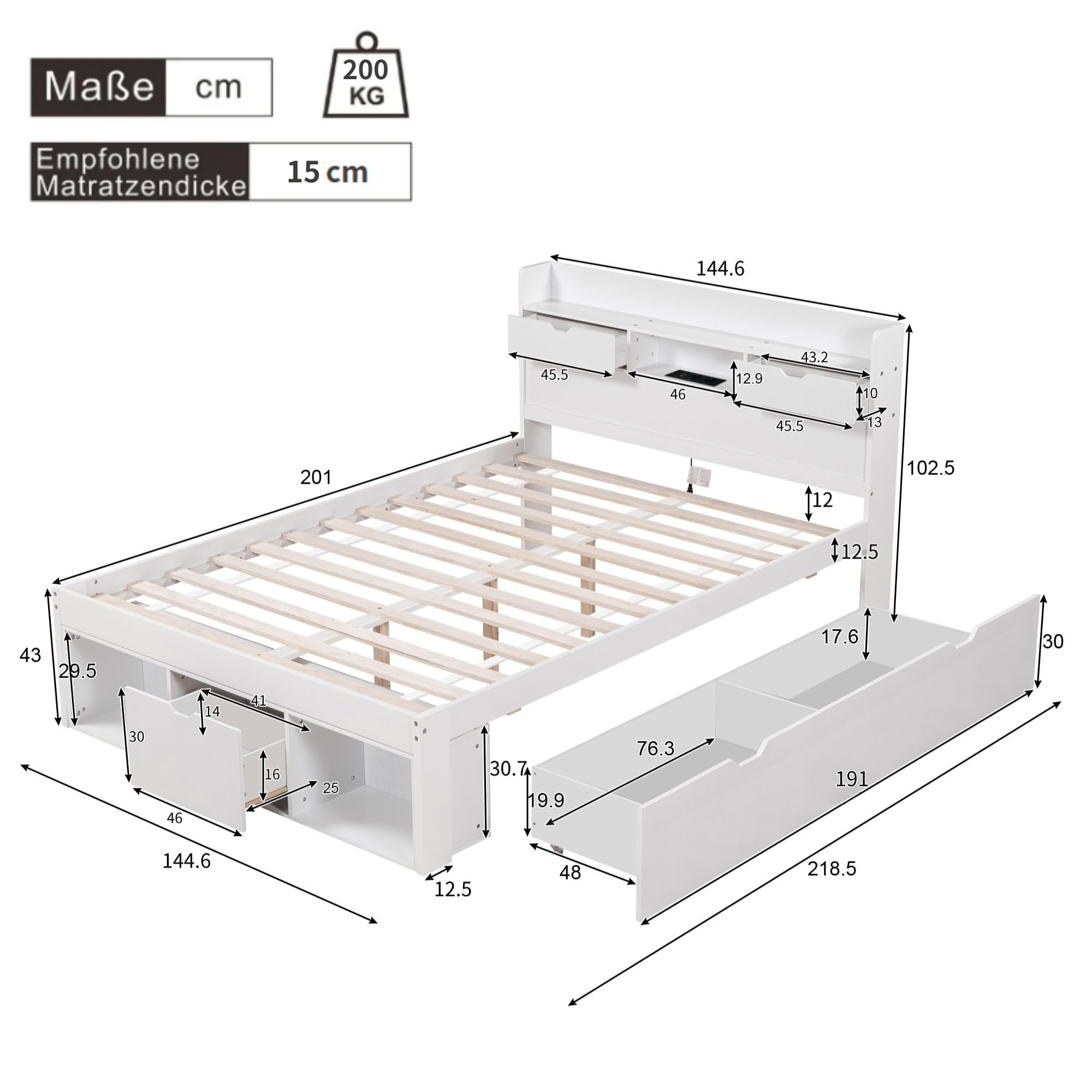 Rtopsu Rtopu Letto Matrimoniale in Legno 140x200 cm con Testiera USB, Letto con 3 Cassetti Contenitore e Portaoggetti, Struttura del Letto con Rete e Doghe, Bianco, Senza Materasso