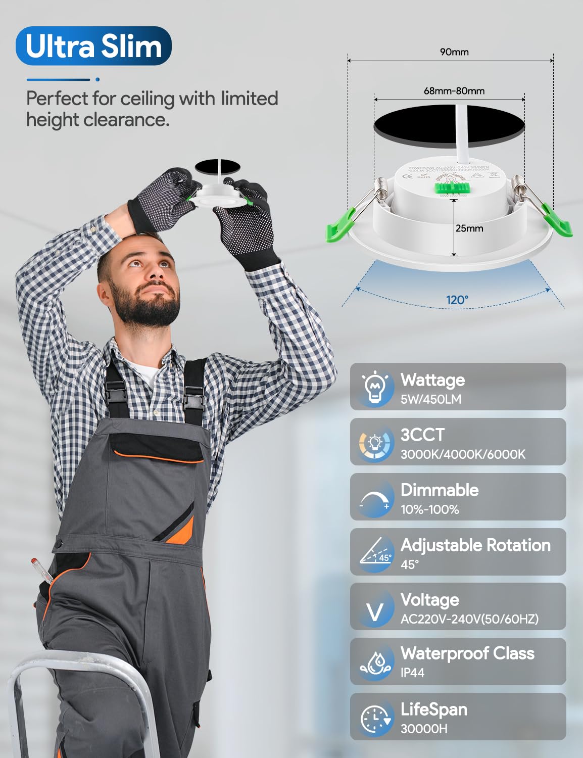 Foco Empotrable LED Techo Regulable 5W, Downlight Giratorio 450LM 3000K 4000K 6000K, IP44 Ø68-80mm Interior AC 220-240V para Baño Salón Cocina, 12 Piezas