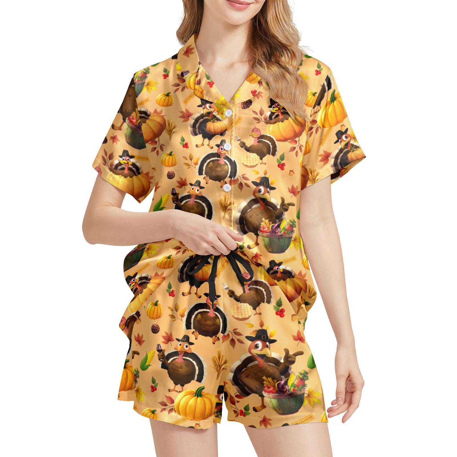 Funny Pajamas for Women Set Print Satin Loungewear Pjs Short Sleeve Button Down Top and Shorts Sets Sleepwear XS-3XL