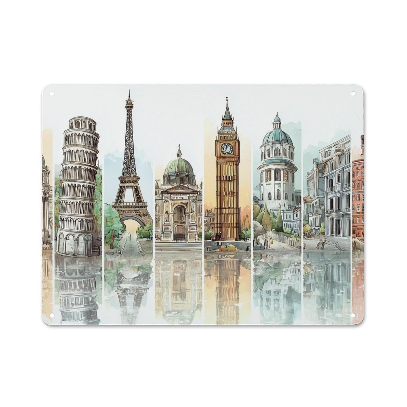 Junmoney World Landmarks Collection Loft Style Decorative Metal Plaque 30X40cm, Studio Wall Art For Workspace, Cafe, Hallway Or Garage