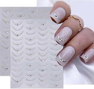 French Nail Stickers - 3D Self-Adhesive Rhinestones Nail Art Decals for Women, Gold Silver Line Gems for French Manicure, Perfect for Nail Art Design, 2 Sheets