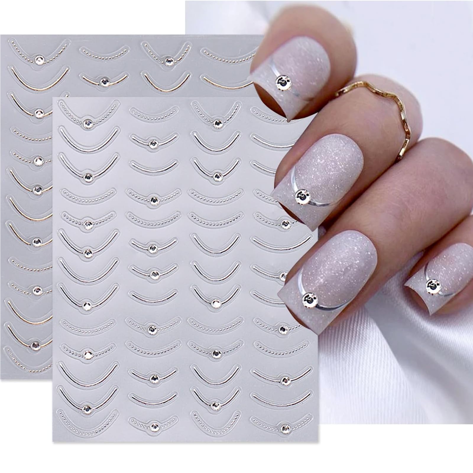 French Nail Stickers - 3D Self-Adhesive Rhinestones Nail Art Decals for Women, Gold Silver Line Gems for French Manicure, Perfect for Nail Art Design,