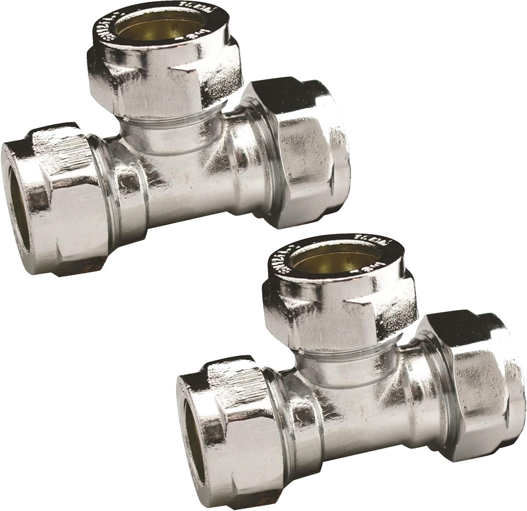 Pipestation® 15mm Chrome Compression Equal Tee | Copper Plumbing Connectors | T-Connector Fitting | Pack of 2