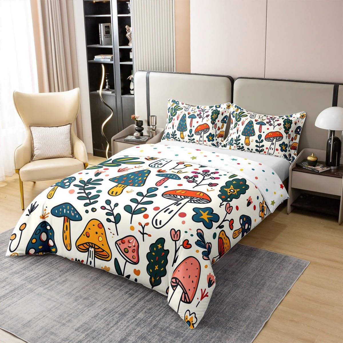 Homewish Grzyb 100% bawełna zestaw pościeli pojedynczy rozmiar stick figurka poszewka na kołdrę dla dzieci chłopców dziewcząt kwiatowy kolorowy botaniczny żółty niebieski poszewka na kołdrę miękka