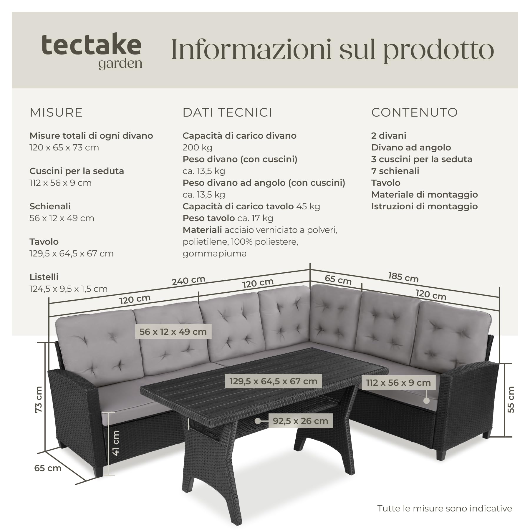Tectake Salottino in Rattan Catania Set Giardino con Tavolino Salotto 2 Sofà 1 Sofà Angolare Cuscini Idrorepellenti Resistente ai Raggi UV Nero
