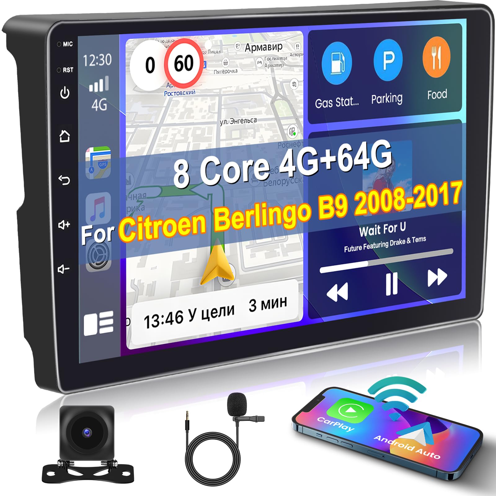 Inefala 4+64G Radio Pour Citroen Berlingo & Peugeot Partner 2015-2018, 9'' Android 15 Ecran Avec Sans Fil Carplay/Android Auto Lien Miroir GPS Radio FM/RDS DSP WiFi Bluetooth SWC USB Caméra De Recul