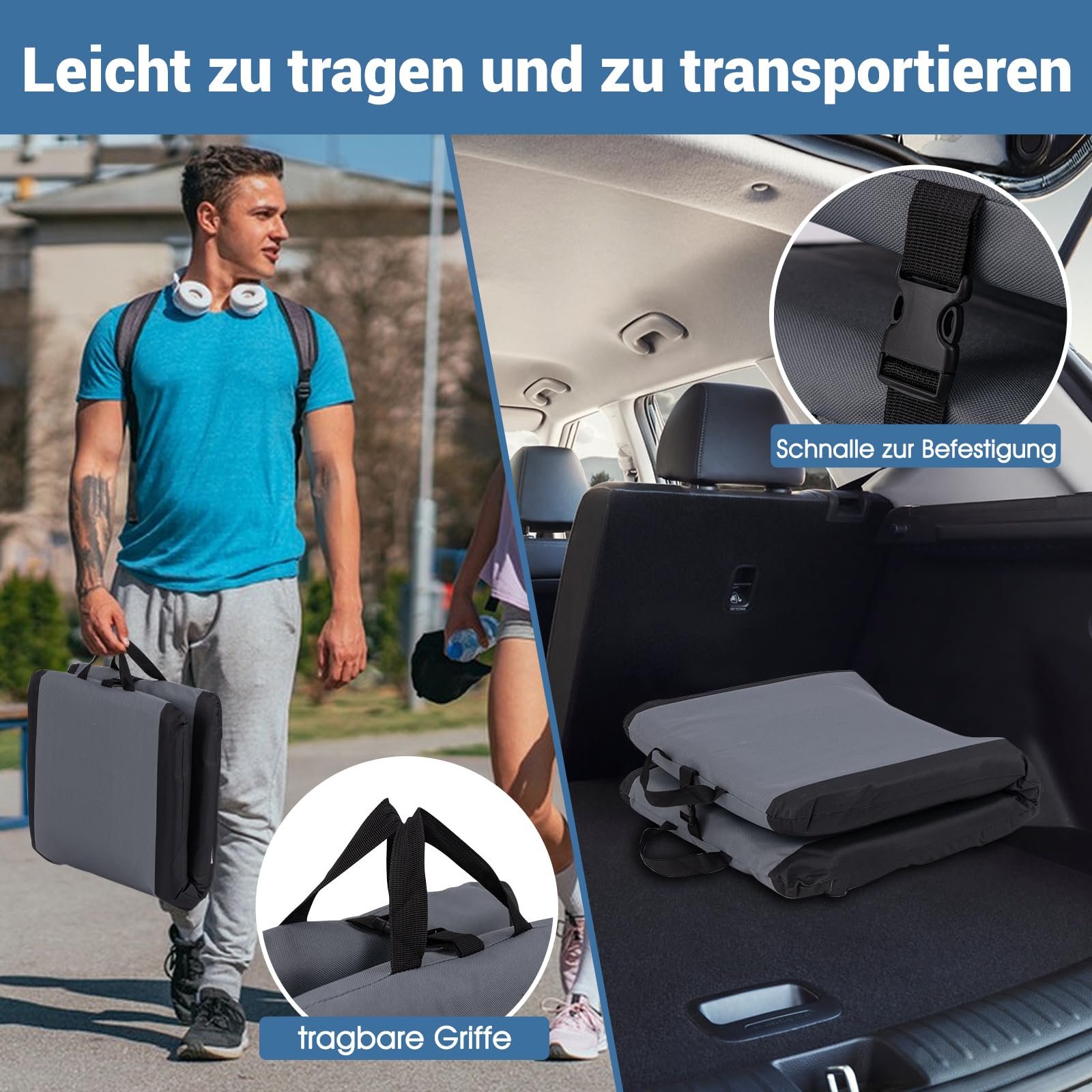 RELAX4LIFE Tragbarer Bodenstuhl, Stadionsitz klappbar, Gepolsterter Bodensessel mit 6-Fach Verstellbarer Rückenlehne & Tragegriff, Sitzgelegenheit für Camping Tribüne Konzert & Sportveranstaltung