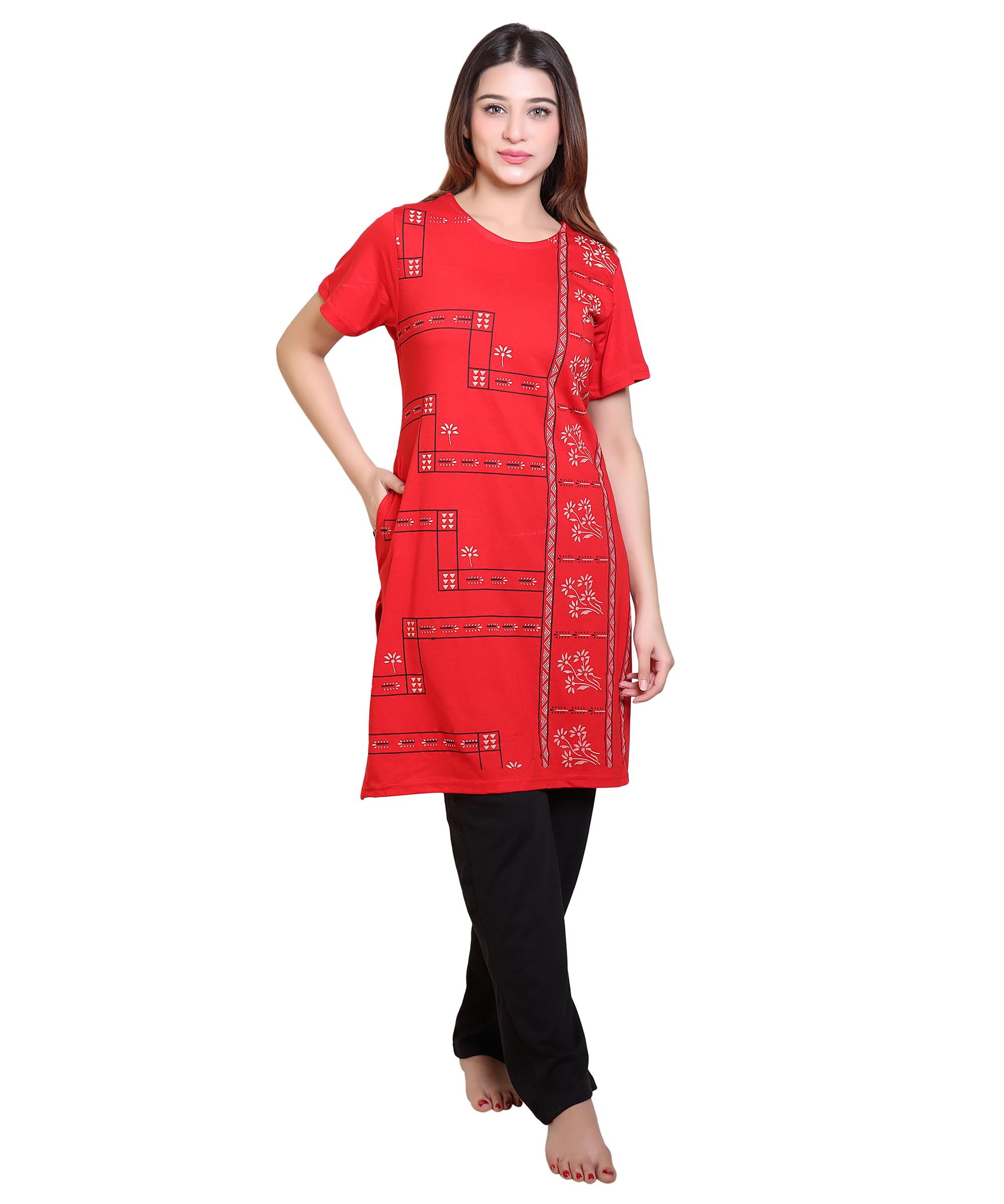 grand line Women's Cotton Printed Half Sleeves Kurta and Pyjama with Pocket Night Suit Set with Diffrent Colours and Design P-picture-21
