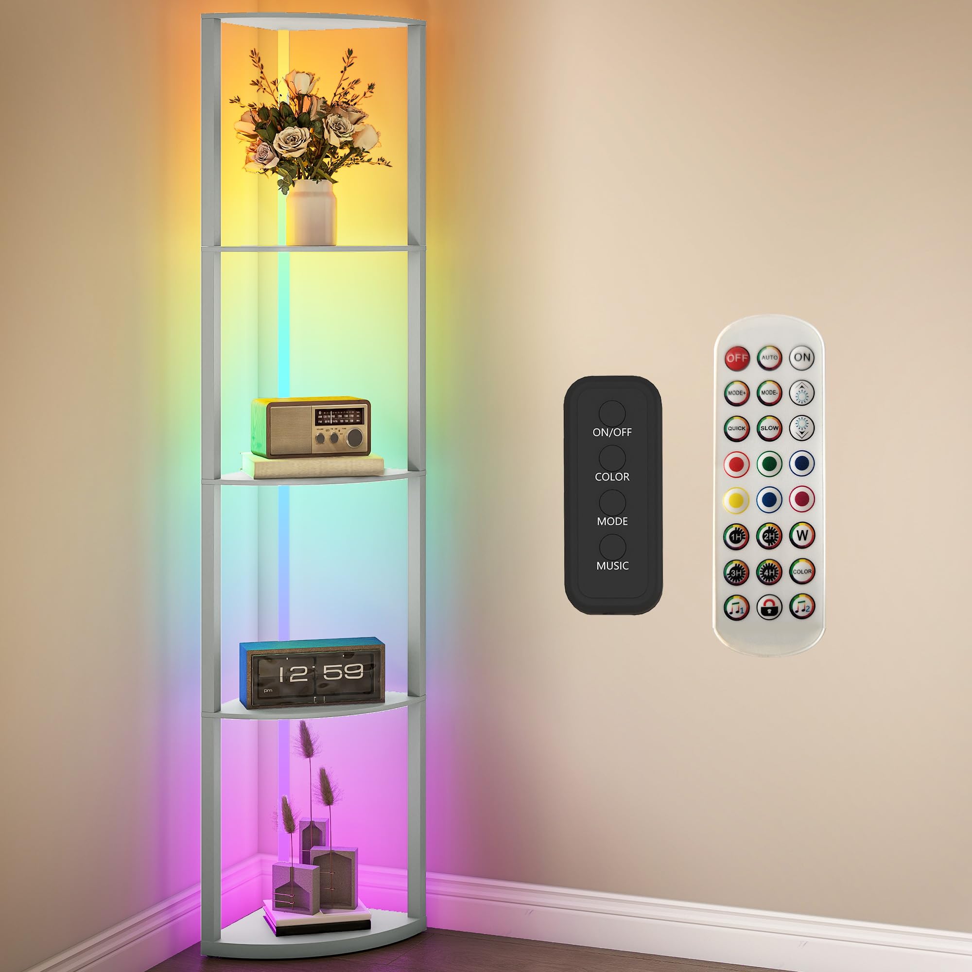 HOMCOM RGB LED Floor Lamp with Shelves & Remote Control for Living Room in Grey