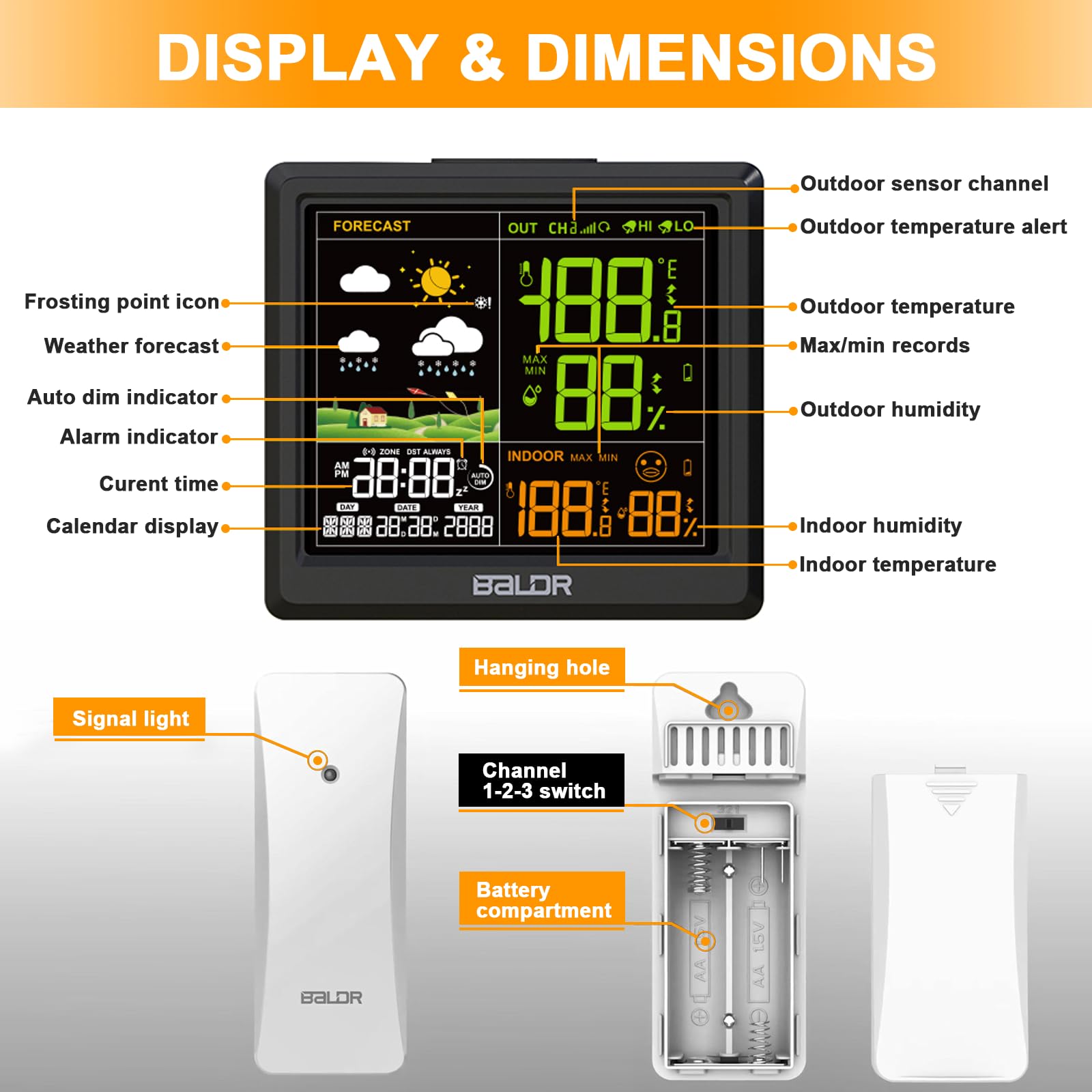 LEVIPE Stazione Meteo con Sensore Esterno, Stazione Meteo Senza Fili con Allarme, Adattatore AC, LCD Display a Colori, Temperatura, Umidità, Data, Previsioni di Tempo