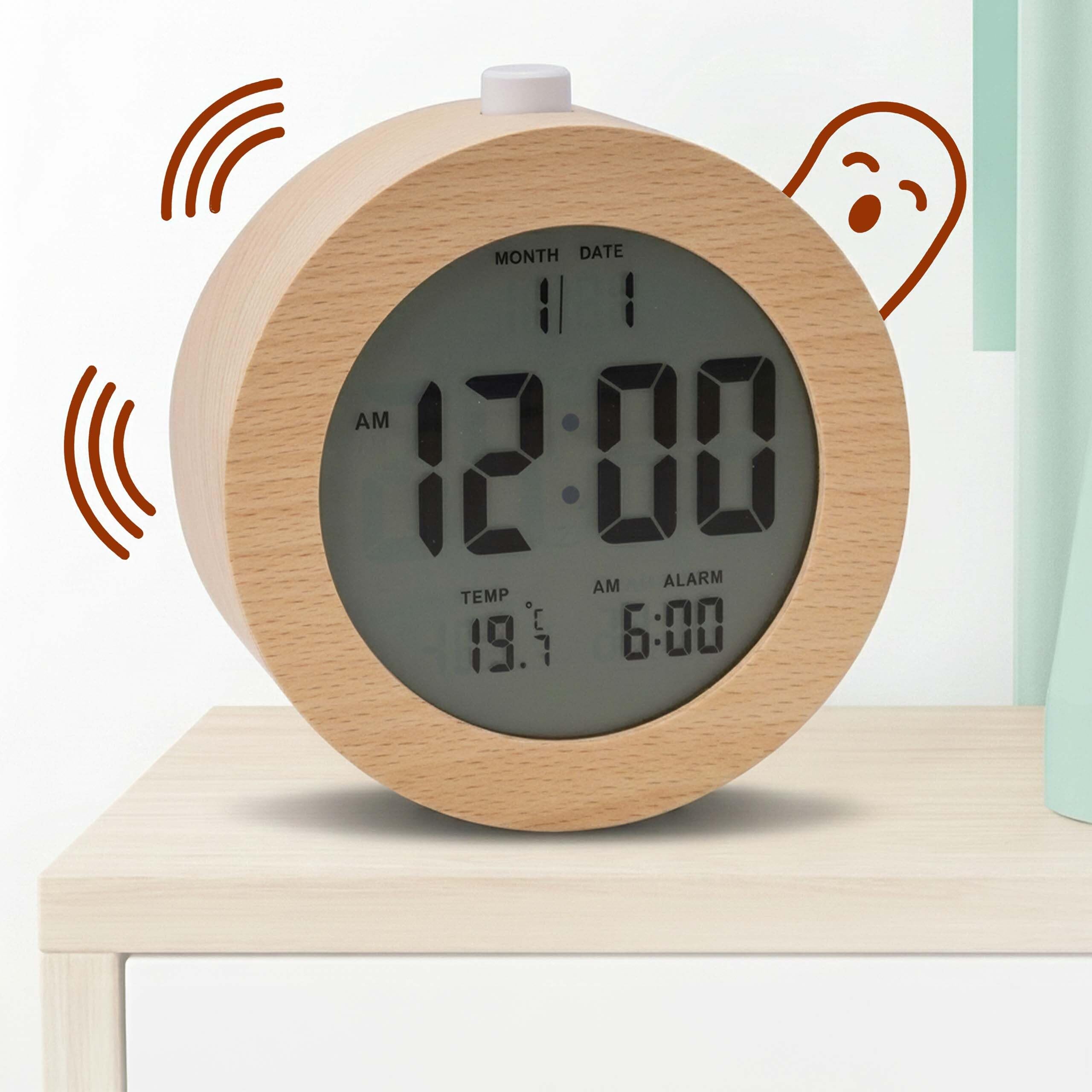 Relaxdays Despertador Digital de Madera con indicador de Fecha y Temperatura, función de repetición, luz, Reloj Despertador Digital Redondo, Color Natural