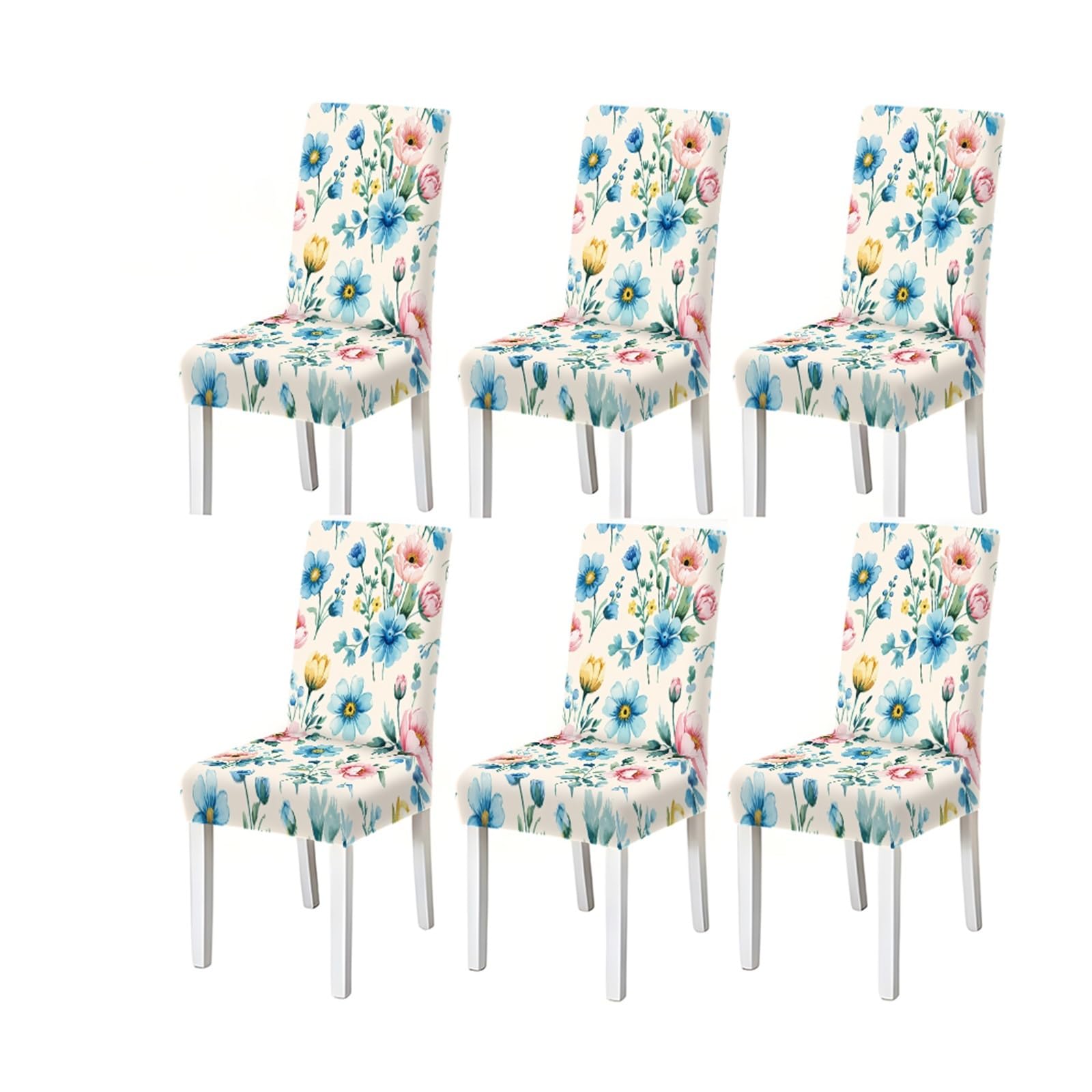 Kxuauv One Color Dining Chair Covers 2/4/6 Pieces, Stretch Floral Pattern Blue Pink Flowers On Beige, For Kitchen Dining Room Farmhouse Decor Seat Protectors For Restaurant Hotel Party(6Pcschair Cover)