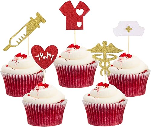 50 adornos para cupcakes de enfermería con purpurina para enfermera, graduación, decoración con tapa de enfermera, diseño de corazón para