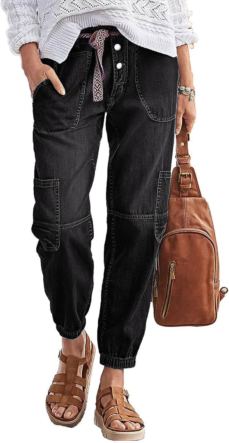 Flamingals Straight Leg Button Fly Jeans for Women Multi Pocket Mid Rise Jeans Without Belt Barrel Pants 27" Inseam