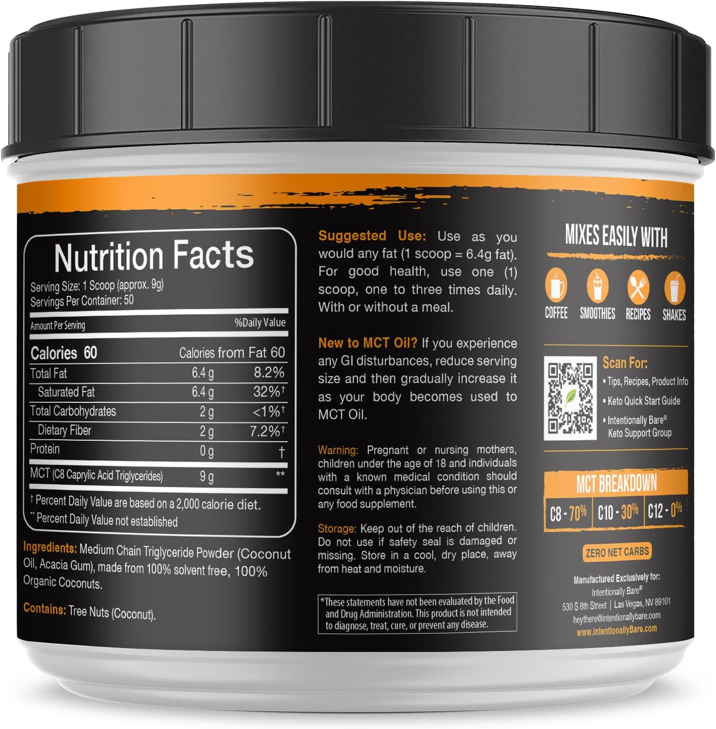 Intentionally Bare Organic MCT Oil Powder - Zero Net Carbs & No Grit – Keto, Paleo, Vegan - 70% C8 |30% C10 - Excellent in Coffee, Tea, Shakes, Smoothies & Baking - Unflavored - 50 Servings