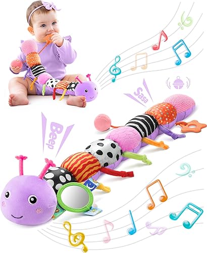 LIGHTDESIRE Juguetes musicales para bebés, oruga, juguetes infantiles de 3, 6, 12 meses, juguete sensorial con diseño de regla, espejo, cuerda de