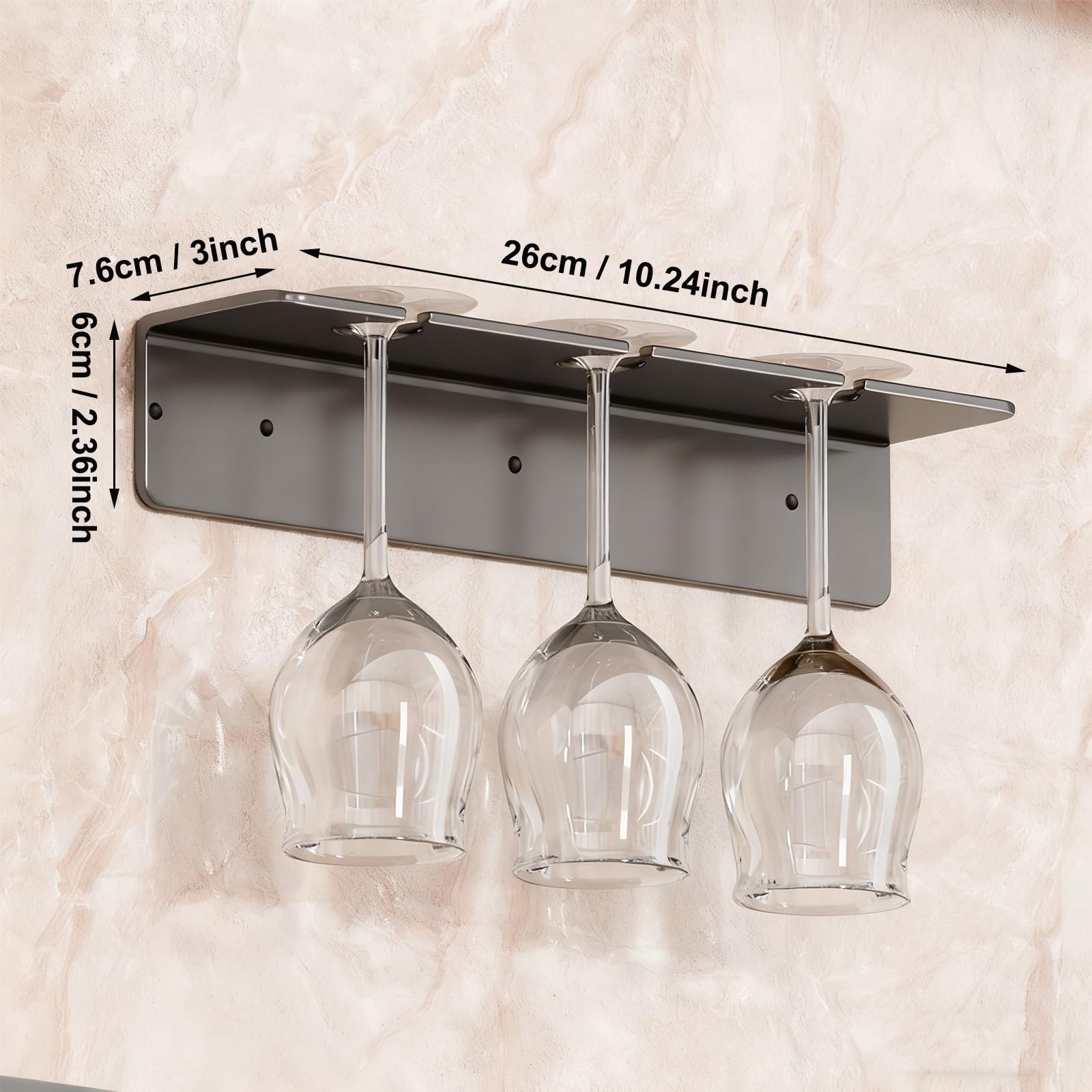 3 Pezzi Porta Bicchiere da Vino Sospeso Supporto per Calici da Vino Metallo Portabicchieri Sospeso da Parete Senza Foratura Portacalici Sottomensola per Cucina Bar Ristorante (Nero)
