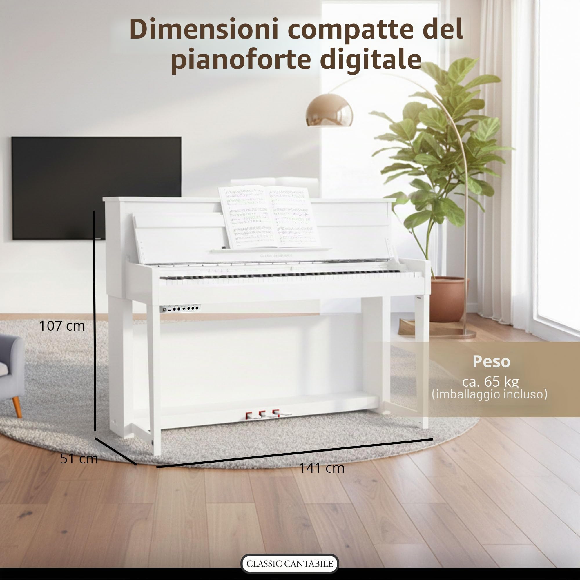 Classic Cantabile UP-1 WM Pianoforte Verticale Digitale - 88 Tastiera pesata - Pianola musicale con USB, MIDI, 256 polifonia, 40 voci - Piano digitale Set con Panca e Cuffie - Bianco Opaco