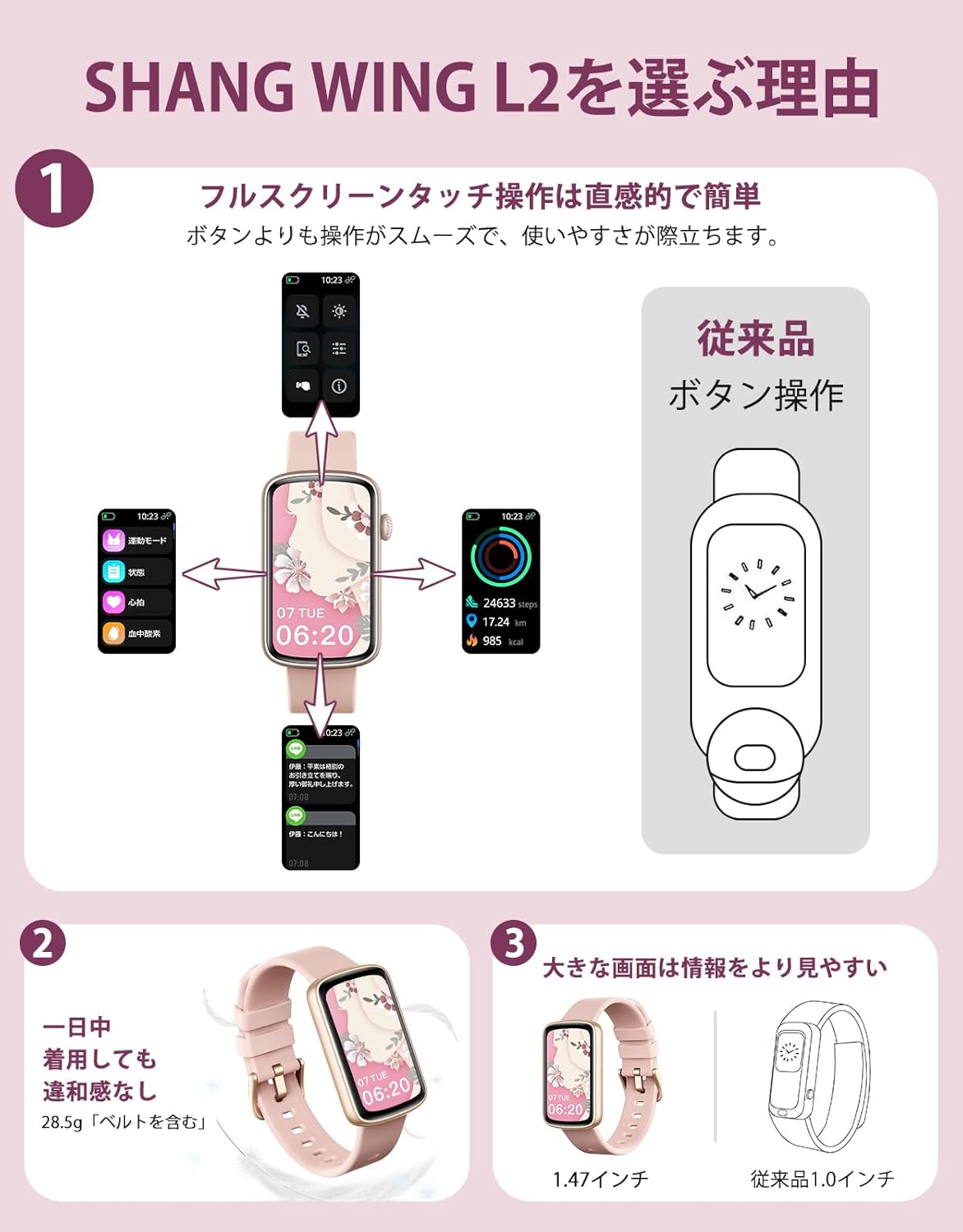 SHANG WING スマートウォッチ レディース iphone対応 アンドロイド対応 リストバンド型 腕時計 1.47インチ大画面 フルタッチ Smart Watch 着信通知 女子生理サイクル記録 多種類運動モード 天気予報 IP68防水 文字盤自由設定 誕生日 クリストマス 新年 ギフト 日本語説明書付き Lynn2 ピンク