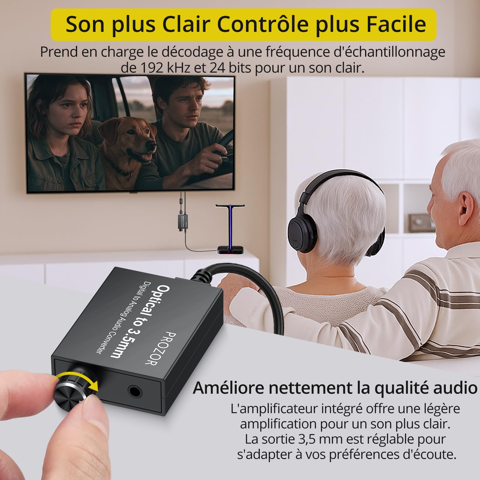 PROZOR Convertisseur SPDIF Optique vers 3.5mm avec Amplificateur Audio 192kHz/24bit Compact Plug and Play pour Casque TV et Enceintes