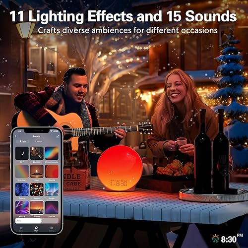 Vista 21 de MOMILLA Reloj despertador Sunrise con estación de carga inalámbrica, altavoz Bluetooth, máquina de sonido de ruido blanco, lámpara de mesa con luces