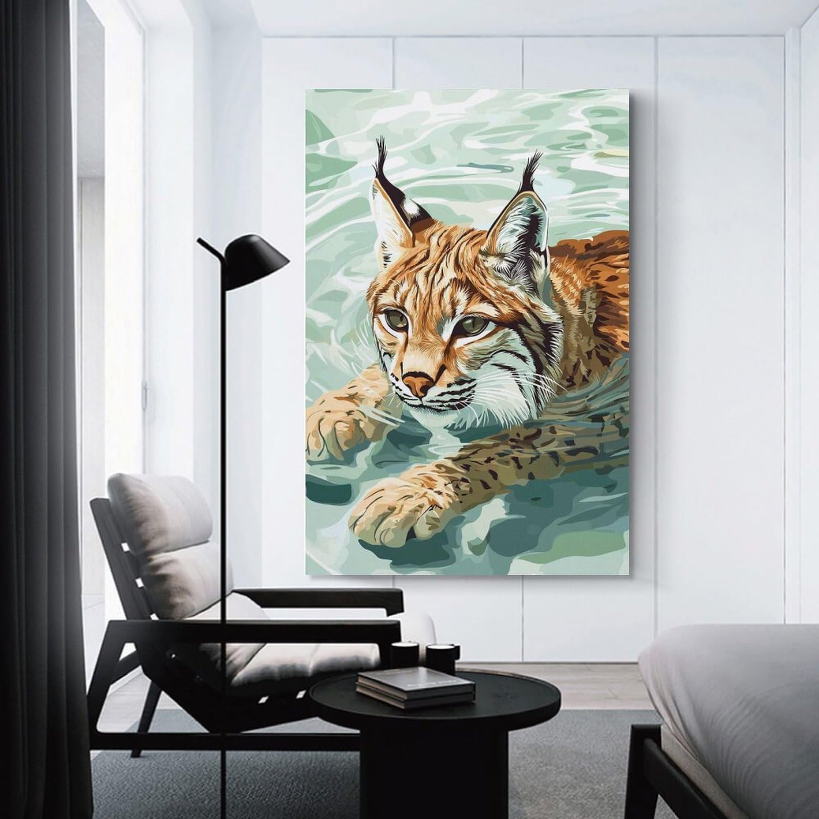 Junmoney Lynx Swimming in Water Digital Art Decorative Wall Artwork 24x36inch(60x90cm), for Home Lounge, Bedroom Or Reading Nook, Easy Decor for Gallery Walls