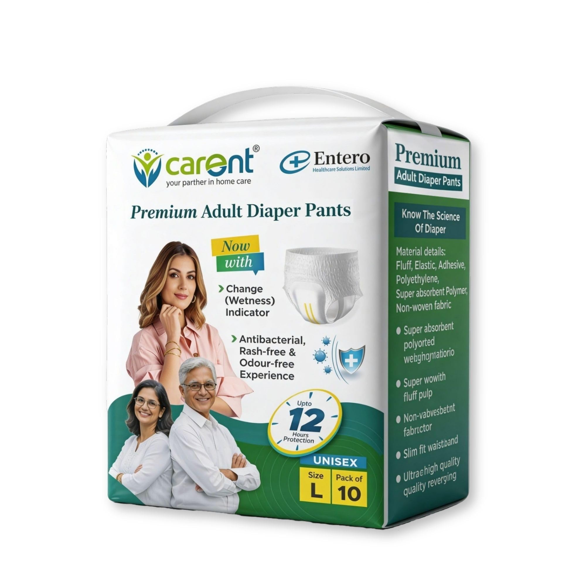 Carent Premium Adult Diaper Pants | Anti Bacterial & Rash Free Unisex Diaper with Wetness Indicator & Odour Control | 12 hour Leakage-Protection Adult Diaper | 10 Pcs Each, Pack of 1 (M)