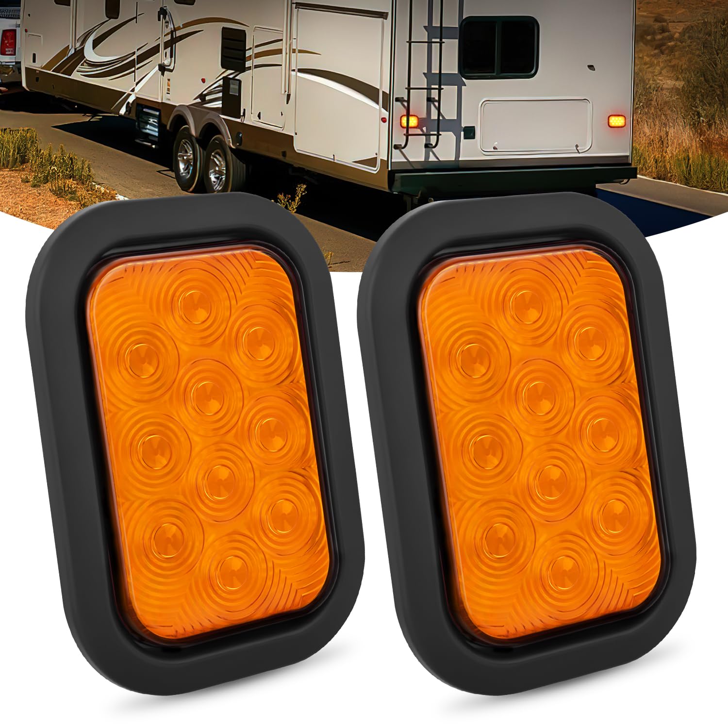 Nilight 5" X 3" Rectangular Trailer Tail Light 2 PCS Amber 10 LED