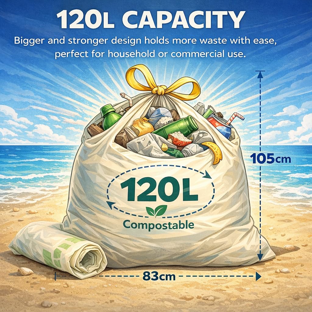 BioFlex - Sacchetti per la spazzatura con coulisse, resistenti, da 120 l, 40 sacchetti (4 rotoli), 45 μm di spessore, sacchetti per la spazzatura compostabili, extra forti a prova di perdite