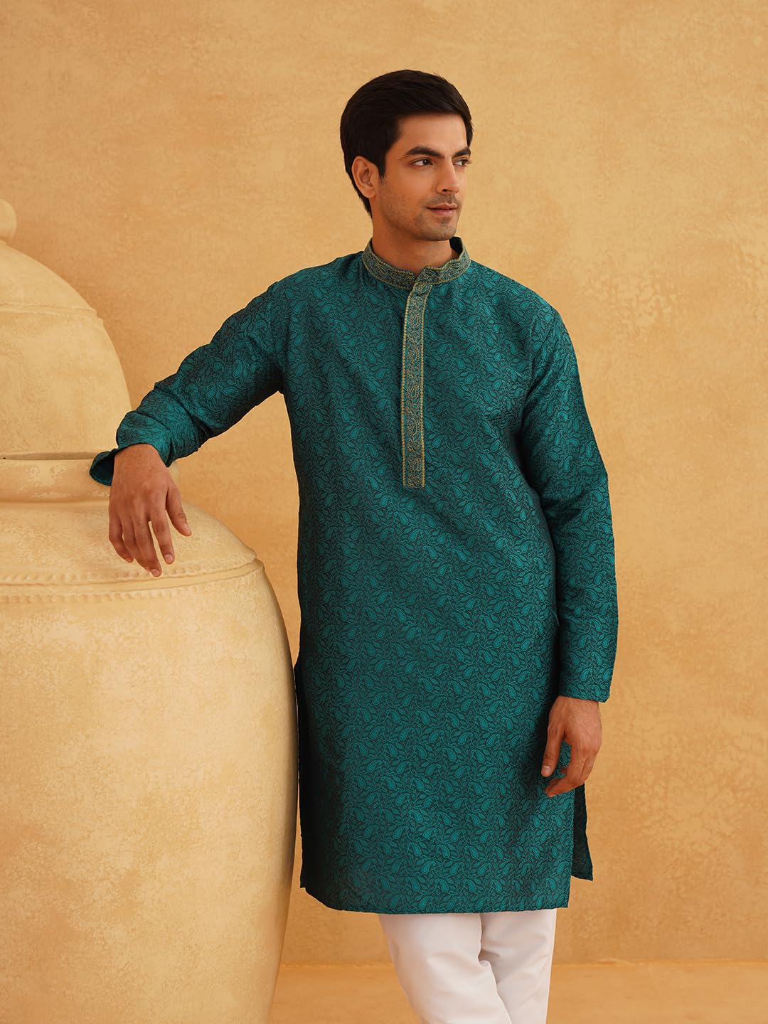 Sojanya (Since 1958 Men's Silk Blend Teal Color Only Long Kurta With Neck Embroidery