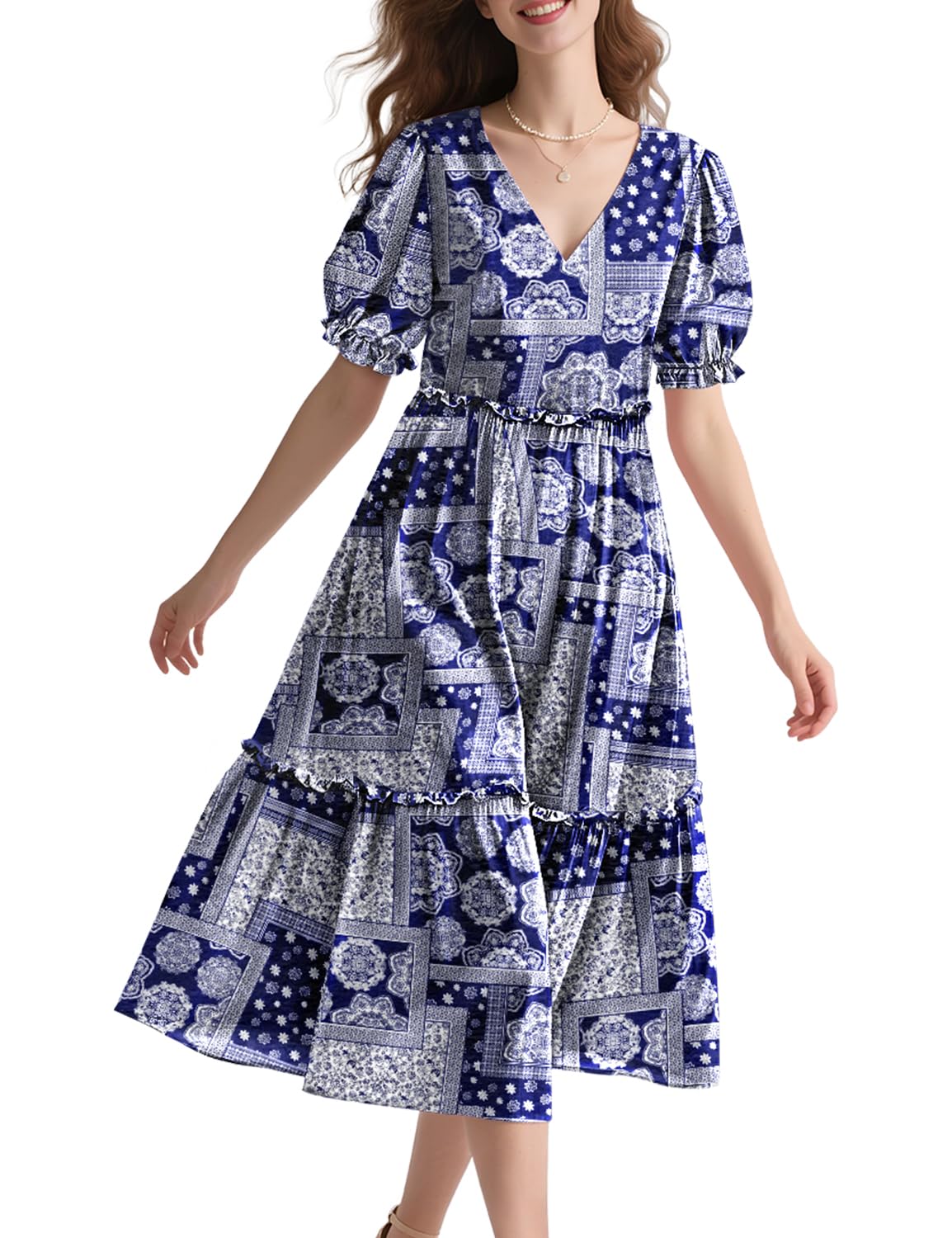 YESNO Summer Floral Midi Dresses for Women V Neck Puff Short Sleeve Frill Trim Dress with Pockets EVX