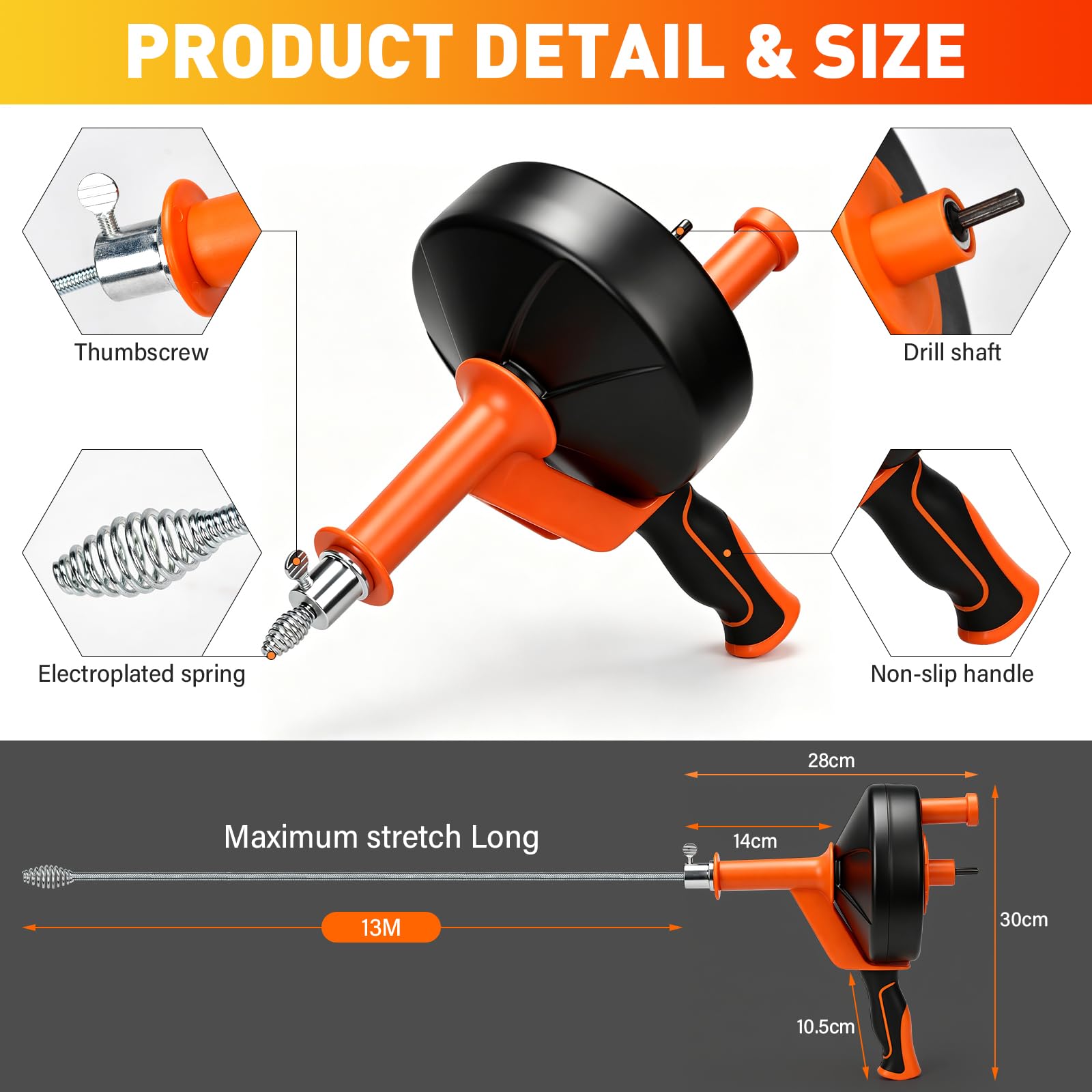 Desatascador Tuberías 13m, Espiral Desatascador Profesional de Acero con Accesorios, Cable Desatascador con Guantes, Cepillos y Garra, Limpieza de Tuberías para Cocina y Baño