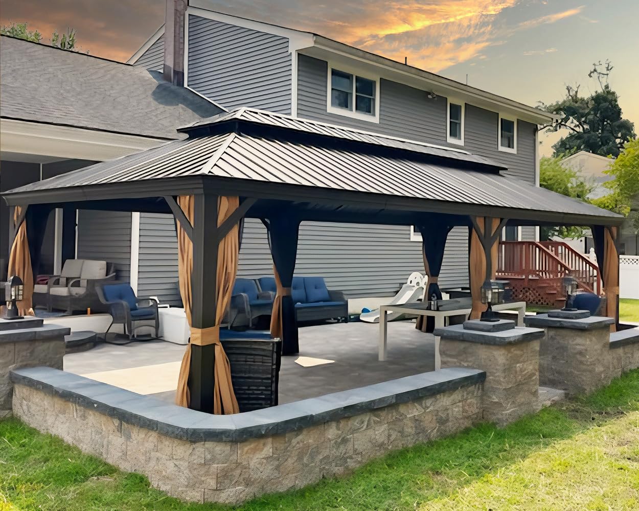 PURPLE LEAF Patio Hardtop Gazebo 12' x 26' Bronze Frame Double Roof Khaki