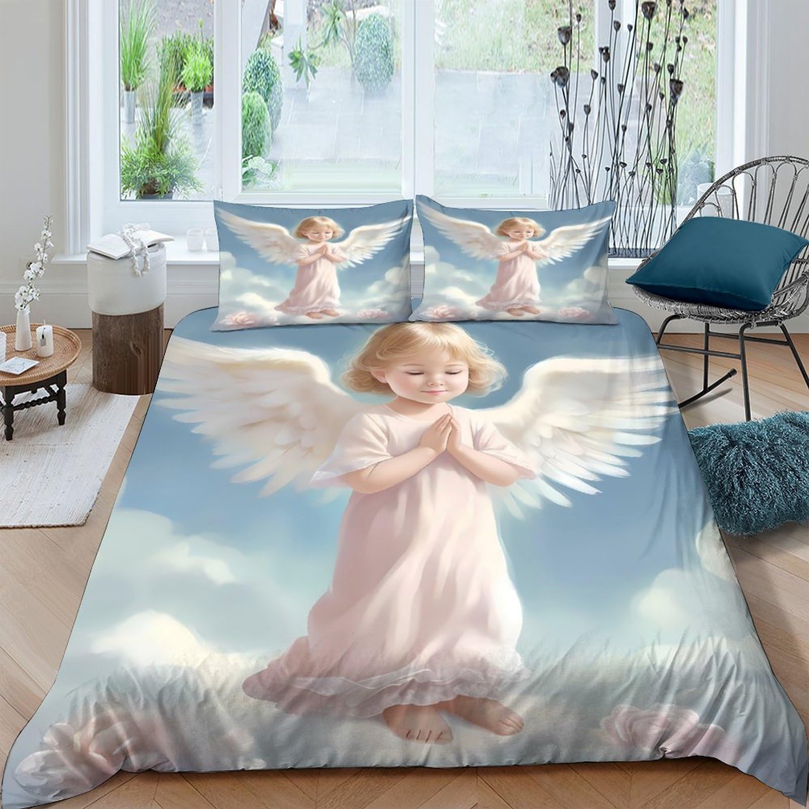 Ctjqhvkz Style-1 3D Printed Angel Wings Fitted Sheet Microfiber Soft Blue Sky Mattress Cover For Bedroom Dorm Mattress Decoration Single（135X200cm）