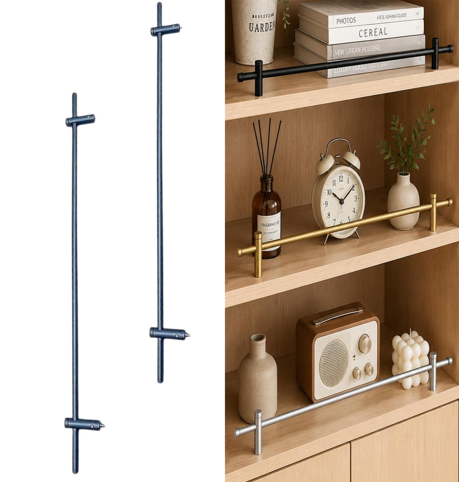 GERAZAHO 2 Pack Gold Shelf Rails for Shelves Decorative, Aluminum Tipping Gallery Rails, Metal Gallery Rails for Shelves, for Bathroom, Kitchen, Cabinet, Office Shelving Gray 36in/91cm