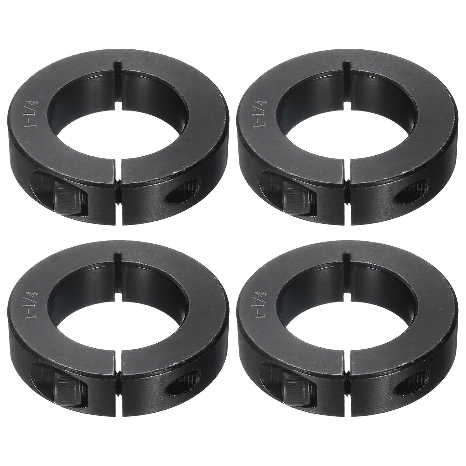uxcell 4Pcs Single Split Shaft Collar, 1-1/4" Bore One Piece Clamping Collar 2-1/16" OD 1/2" Thickness Black Oxide Lock Collar Clamp with Set Screws (1045 Steel)