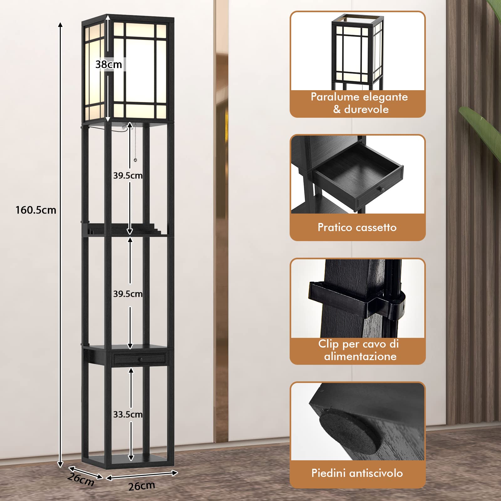 GYMAX Lampada da Terra a Mensola, con 3 Ripiani, Porte di Ricarica USB e 1 Cassetto, per Soggiorno, Camera da Letto, Design Vintage e Moderno, Nero (Stile 1)