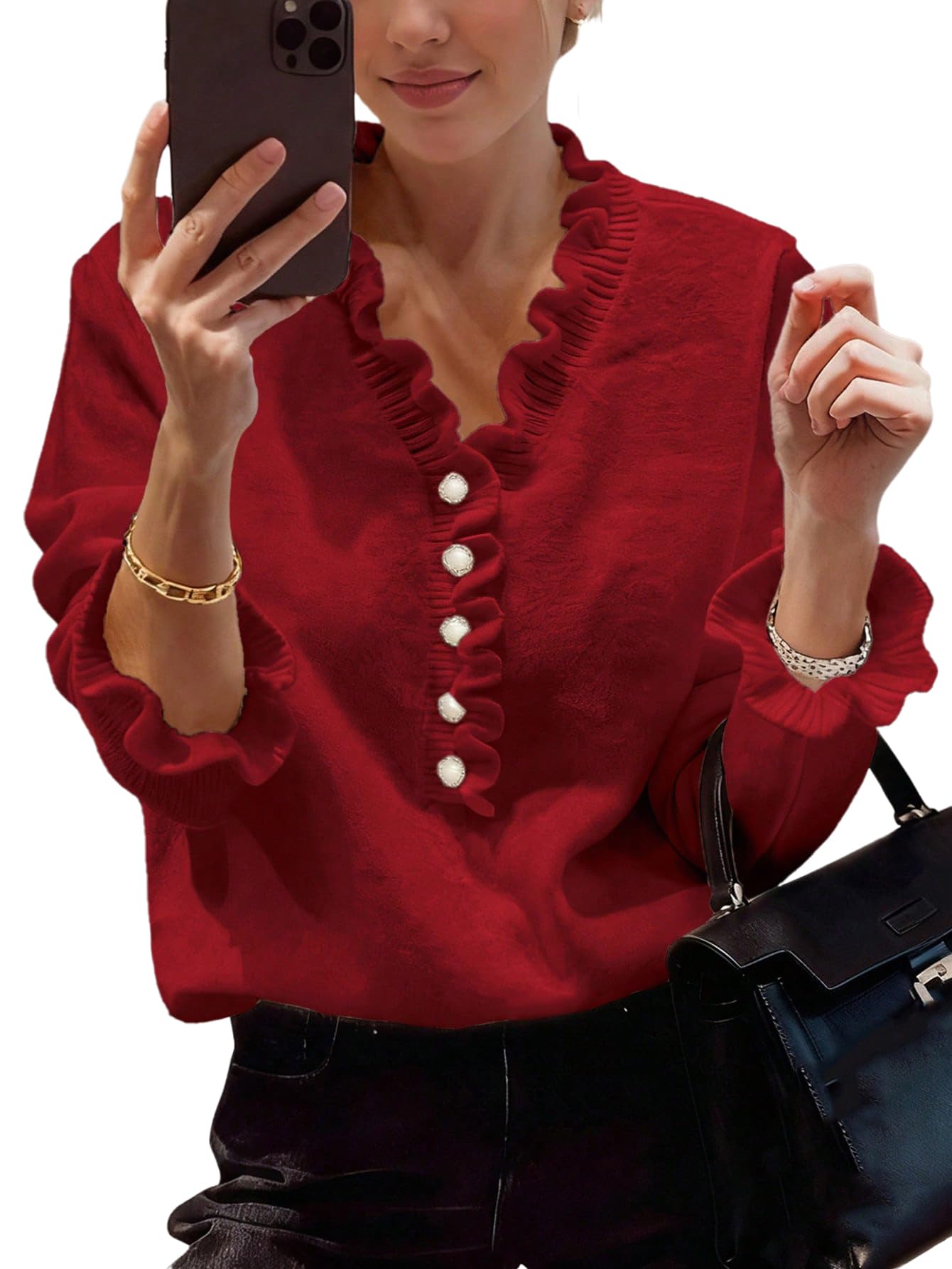 MakeMeChic Womens Long Sleeve Ruffle Sweaters V Neck Lightweight Knitted Pullover Sweater Tops
