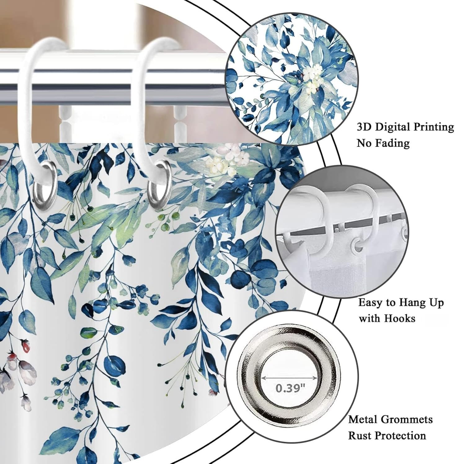 Blue Eucalyptus Leaf Shower Curtain 48x84in（122x214cm） Watercolor Leaves on The Top Plant with Floral Bathroom Curtain, Washable Waterproof Fabric for Stall Bathtub Closet Partitions