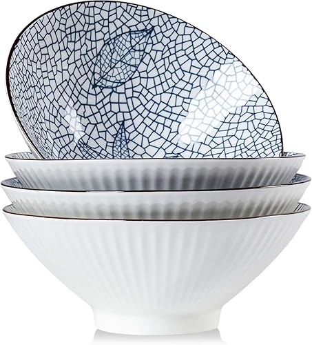 Miniatura 8 de QINLANG Tazones de ramen japonés de 38 onzas, cuencos de cereales, cuencos de sopa, cuencos Pho, cuencos de fideos, cuencos de cerámica azul y