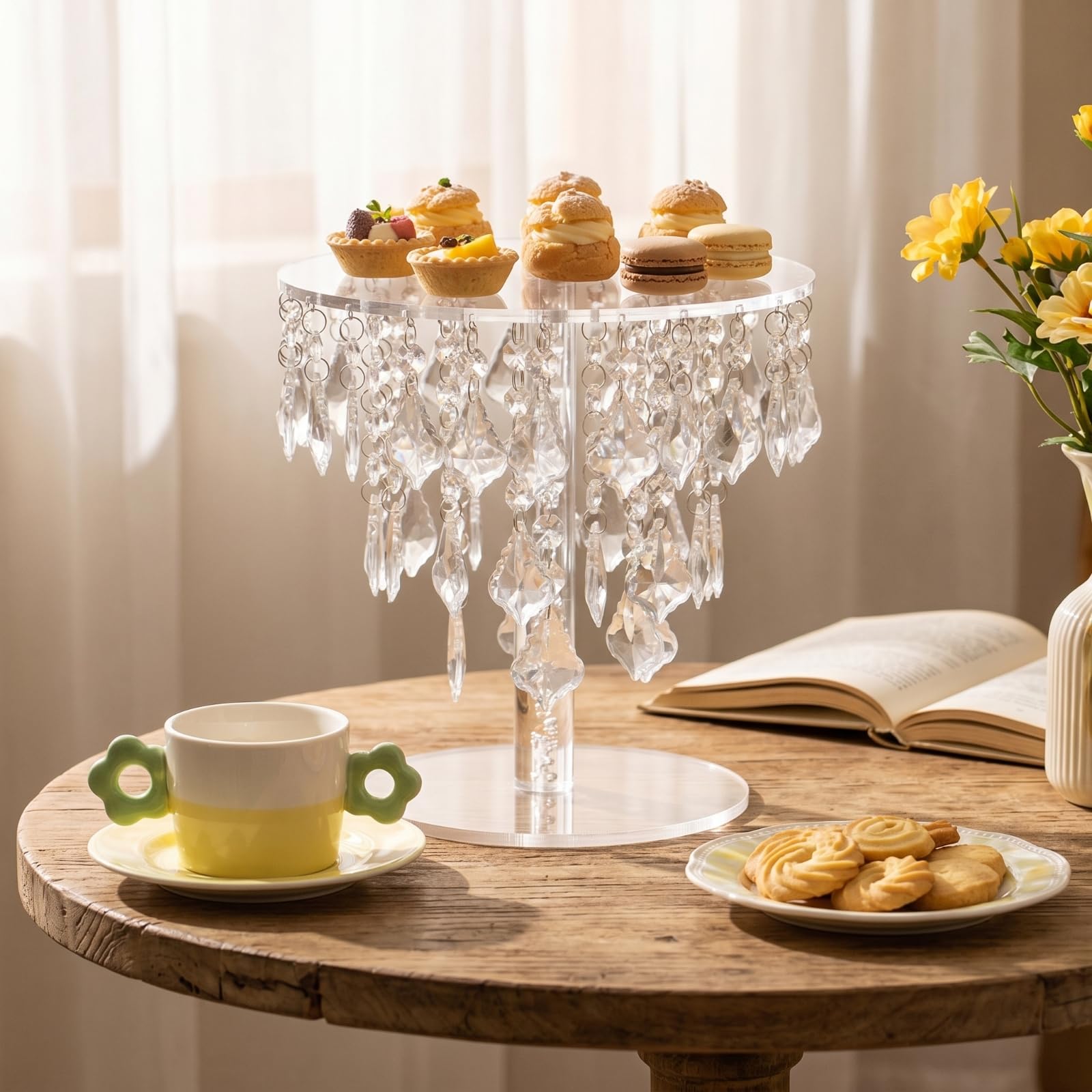 Almencla Acryl Tortenständer Kuchenständer Cupcakeständer Gebäckständer mit Anhängerfransen Transparente Präsentationsfläche Und Breiter Sockel für Hochzeit Feiern Buffet , Transparent , 20 20cm