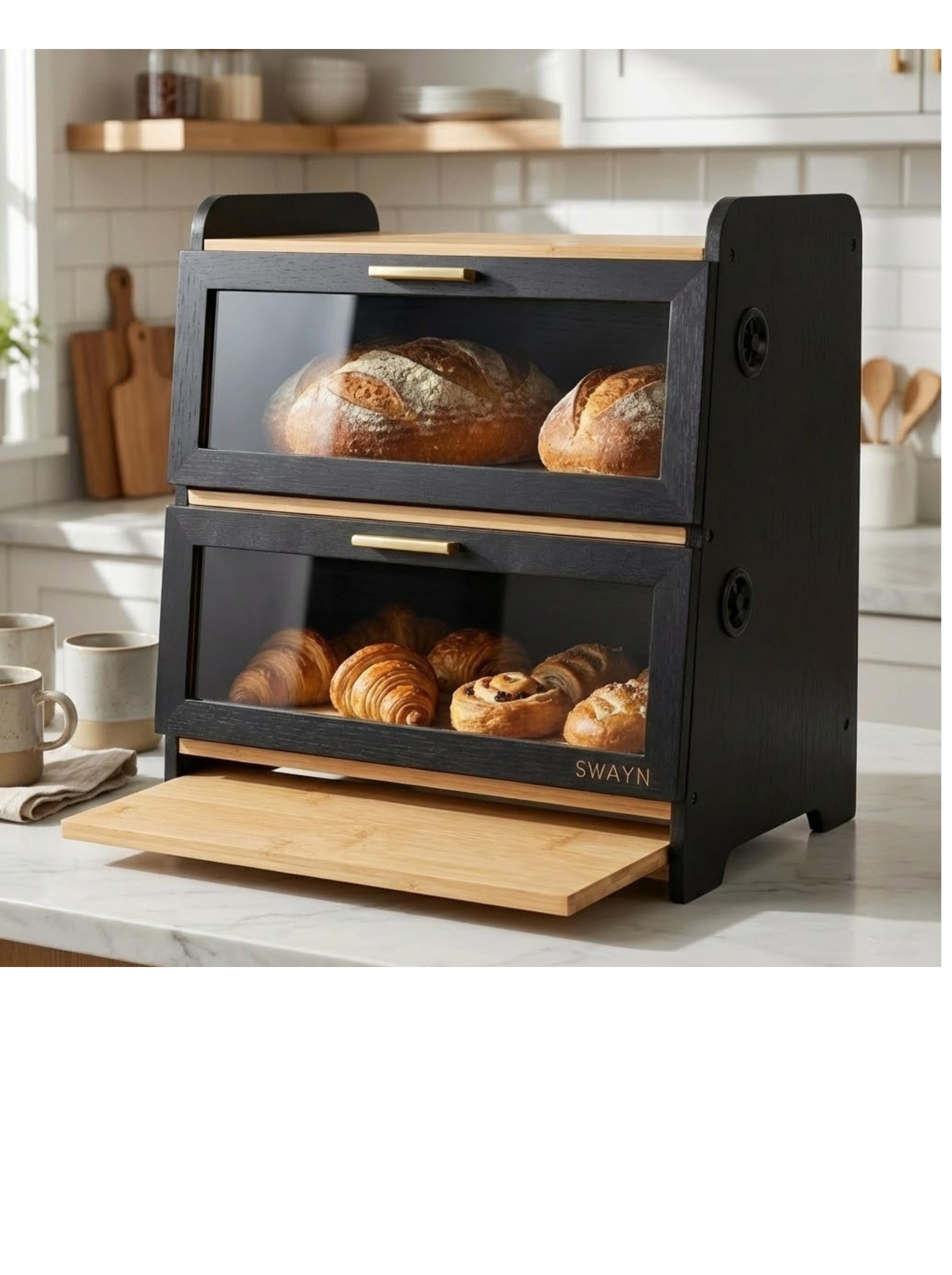 SWAYN Boîte à pain en Bambou Certifié FSC — Huche à Pain 2 étages, Ventilation Ajustable pour Prolonger la Fraîcheur, Planche Intégrée, Rangement Optimisé pour Conservation Pain (noir) - 5