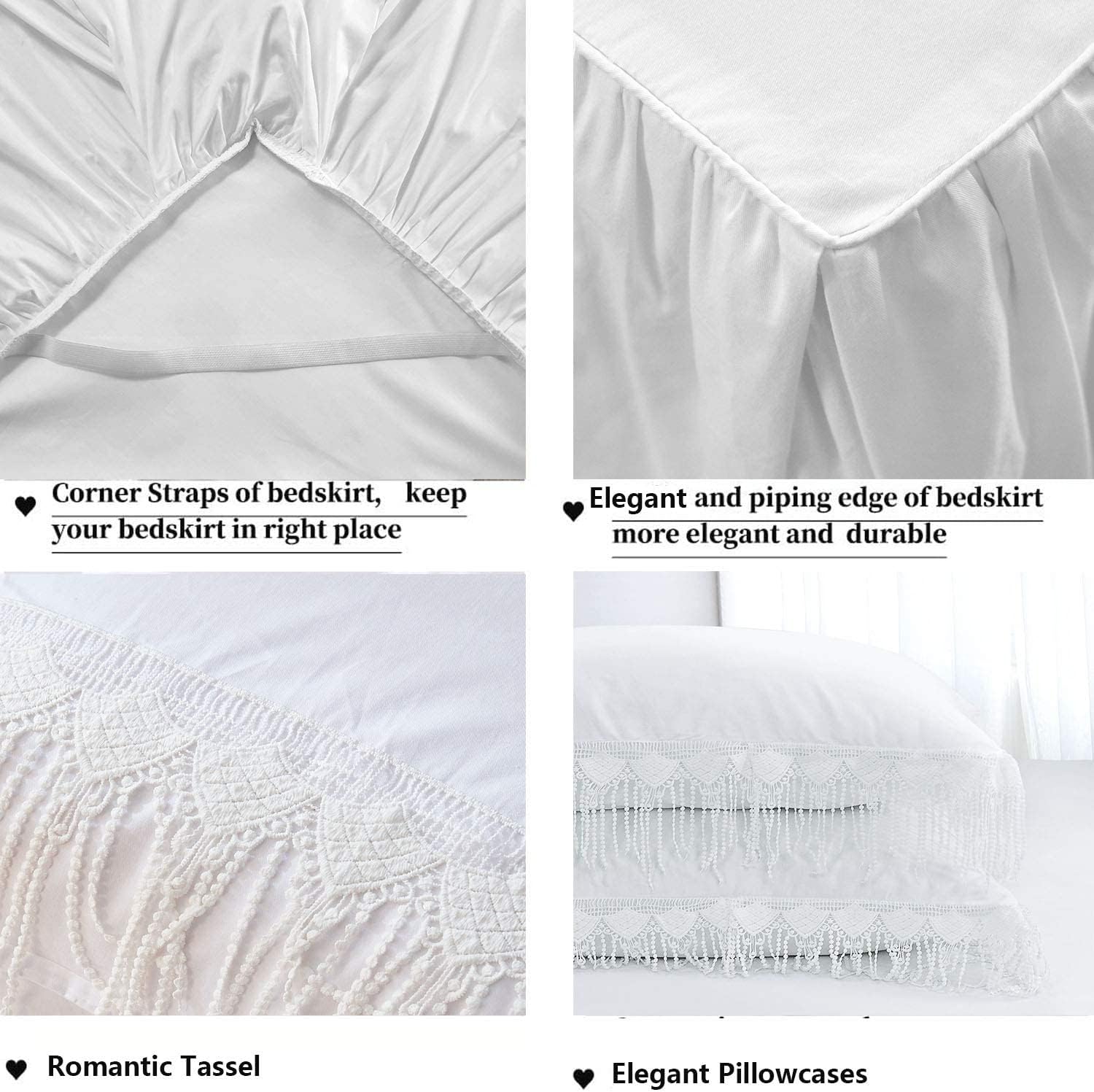 Authеntіс Crаzу Dеаlѕ FADFAY White Bohemian Bedding Sets 4 Pieces California King 100% Cotton Soft Farmhouse Set Tassel Fringed Duvet Cover Set Long Drop 18 Bedskirt Romantic Girls Bedding for Bedroom