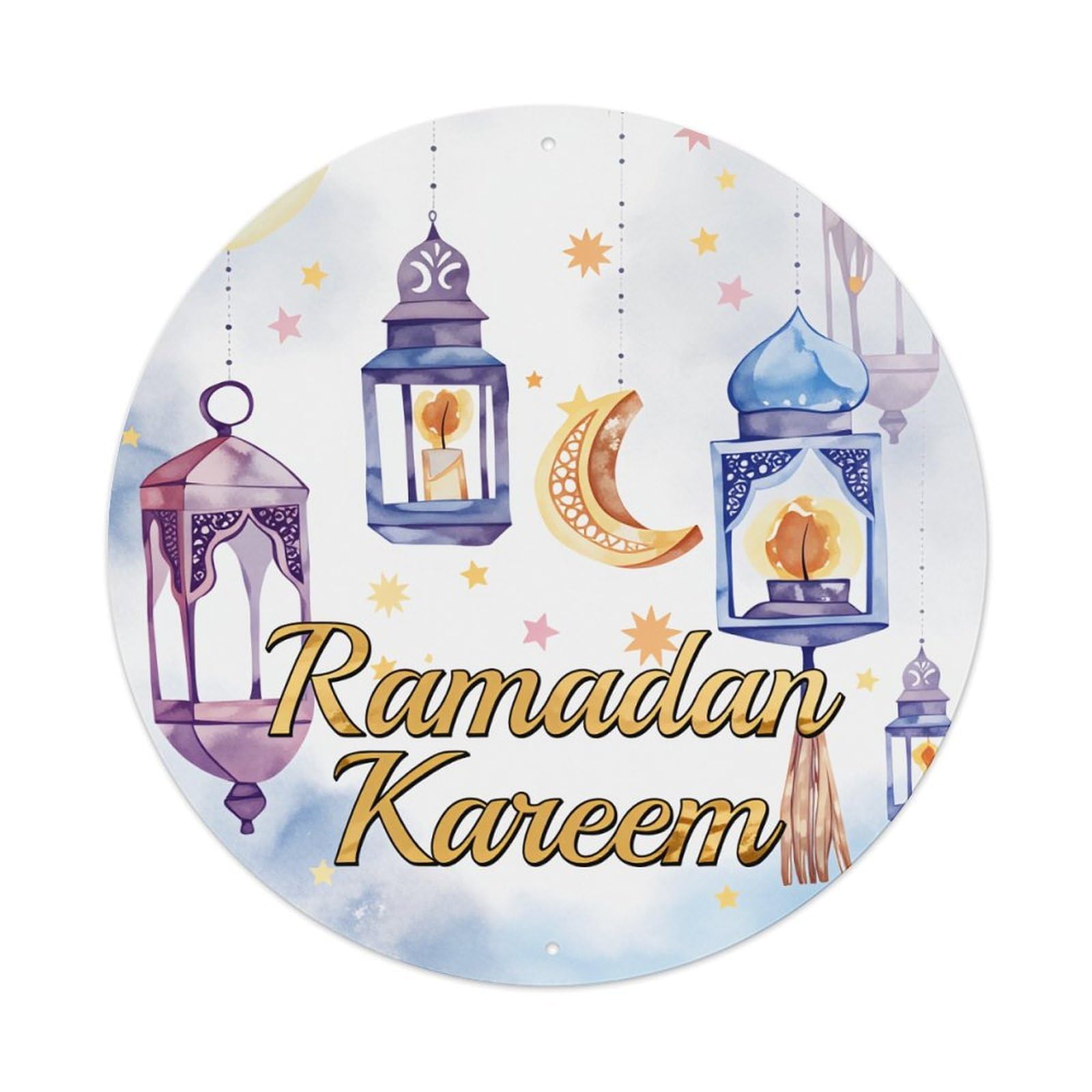 Wmlzdnwr Vintage Ramadan Lanterns Moon Stars Sky Watercolor Art Round Tin Sign,Retro Wall Art,Metal Poster For Home, Bar, Garage, Cafe, Rustic Indoor & Outdoor Decor, 8X8 Inches