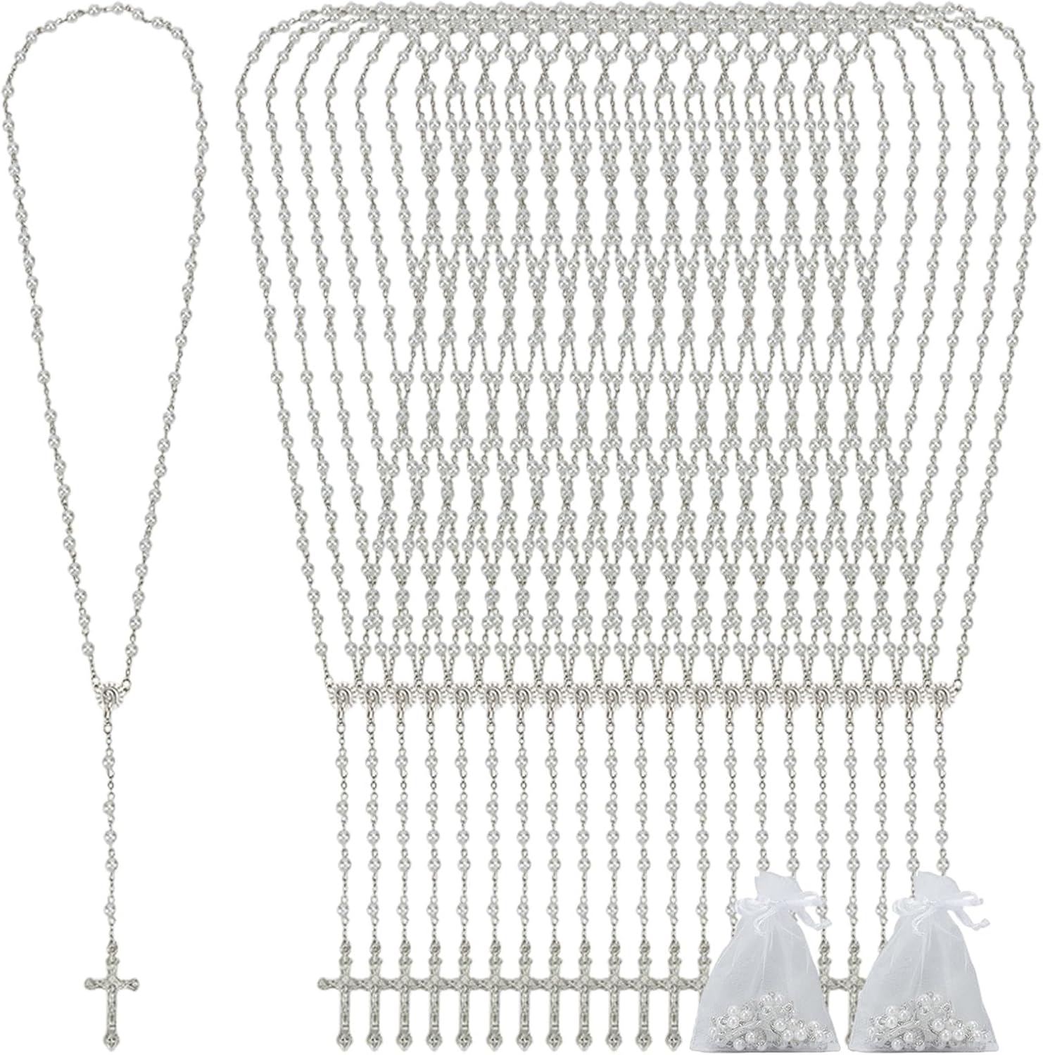 ORIGACH 36 Pcs White Pearl Beads Rosary Necklace Bulk Cross Pendant Catholic Prayer Beads Necklace with Organza Bags Religious Gifts for First Communion Christian