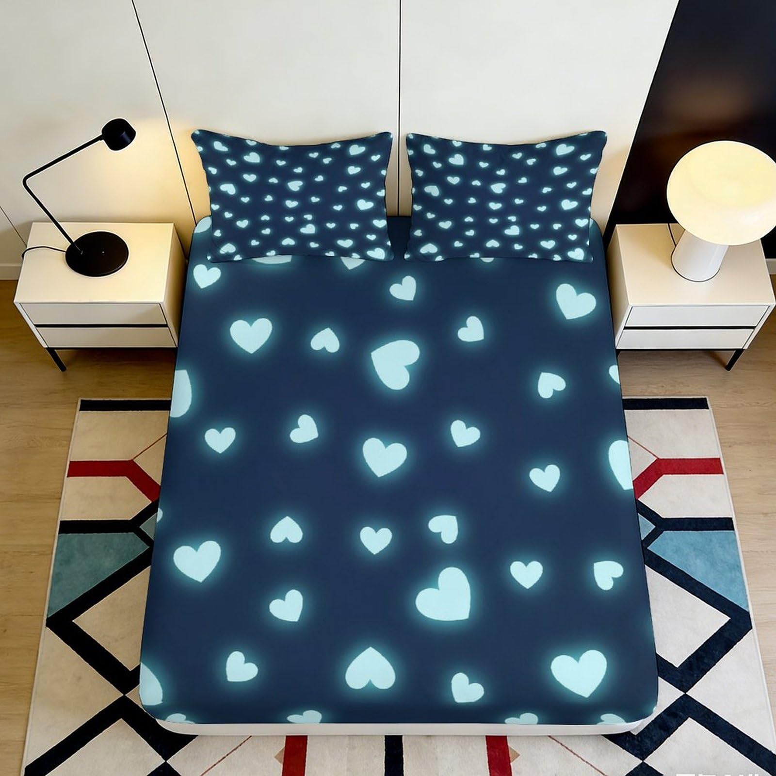 Jqzkxnhpbr Style-3 3D Printed Glowing Heart Fitted Sheet Microfiber Soft Navy Blue Bedroom Bed Cover Star Love Mattress Protector 90X200x25cm