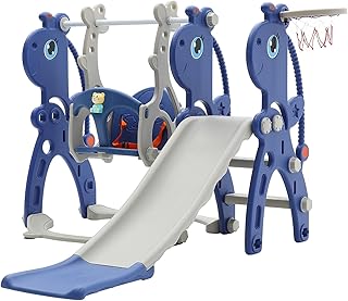 FUKEA Baby Swing Slide, 5-in-1 Toddler Slide and Swing Set with Musical Story Box, Climb Frame, Basketball Hoop, Outdoor Indoor Kids Slide for Toddler Age 1-3, Baby Garden Swing