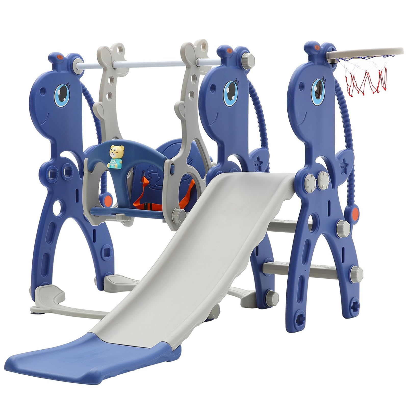 FUKEA Kids Slide, Large 4 in 1 Toddler Slide, Climber & Swing Set with Basketball Hoop, Garden Climbing Frames, Slide for Children Age 1-3 Indoor & Outdoor, for Kids (Baby Blue)