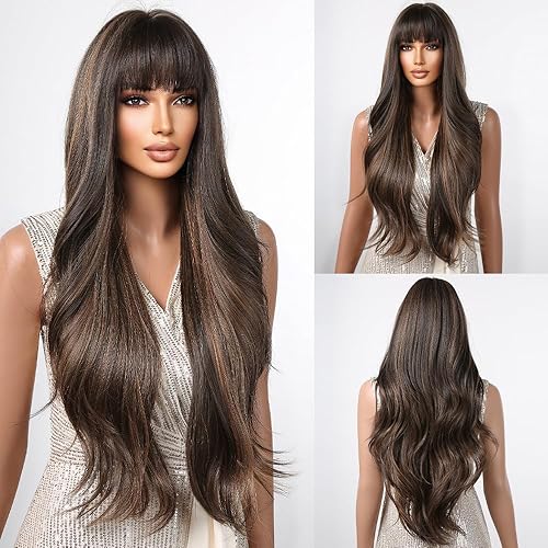 Miniatura 6 de Allbell Pelucas de onda larga marrón para mujer, mezcla de cabello rubio ondulado, peluca natural, pelucas sintéticas con flequillo